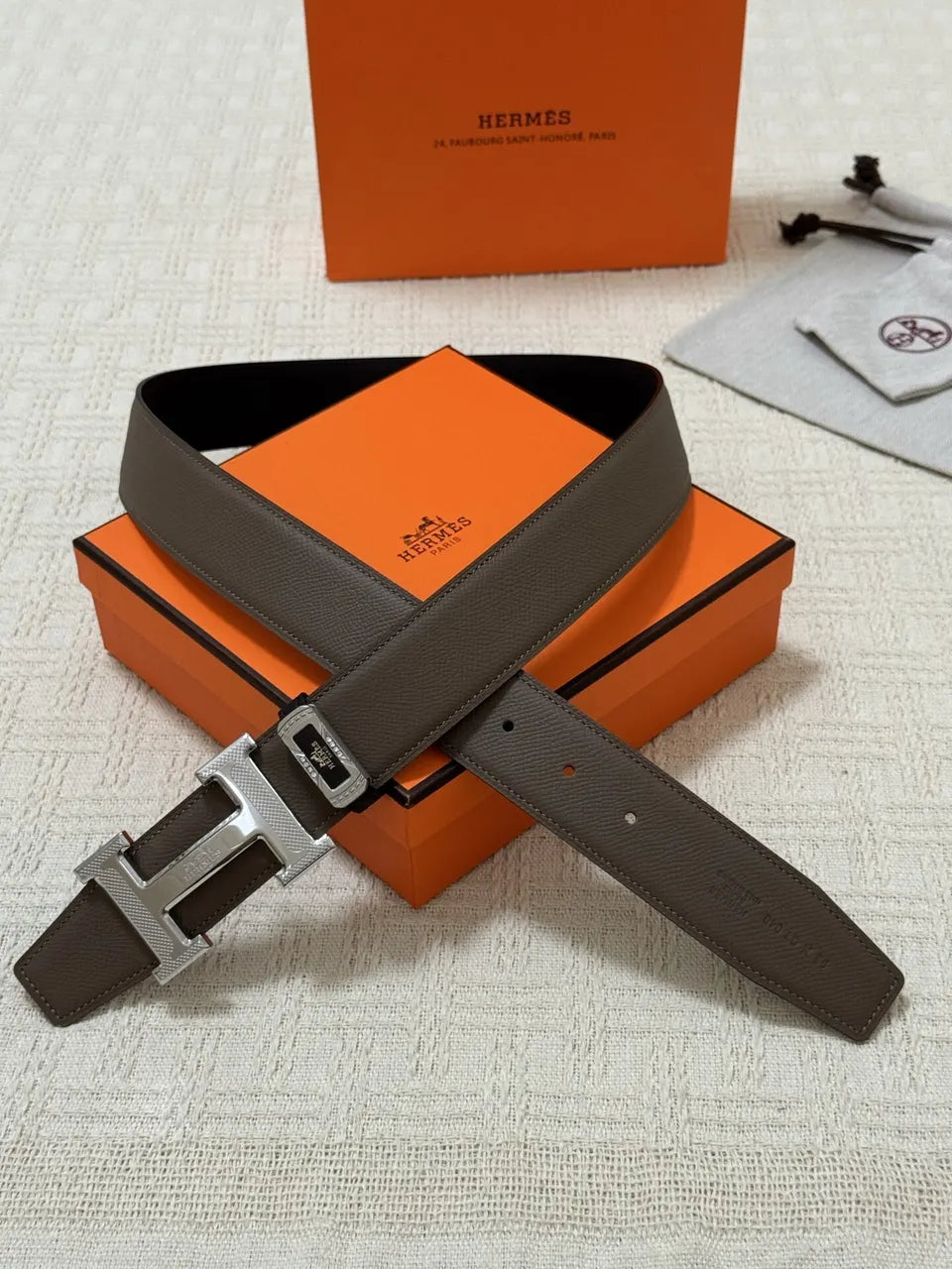Hermes Taupe Silver H Belt - Hình 2