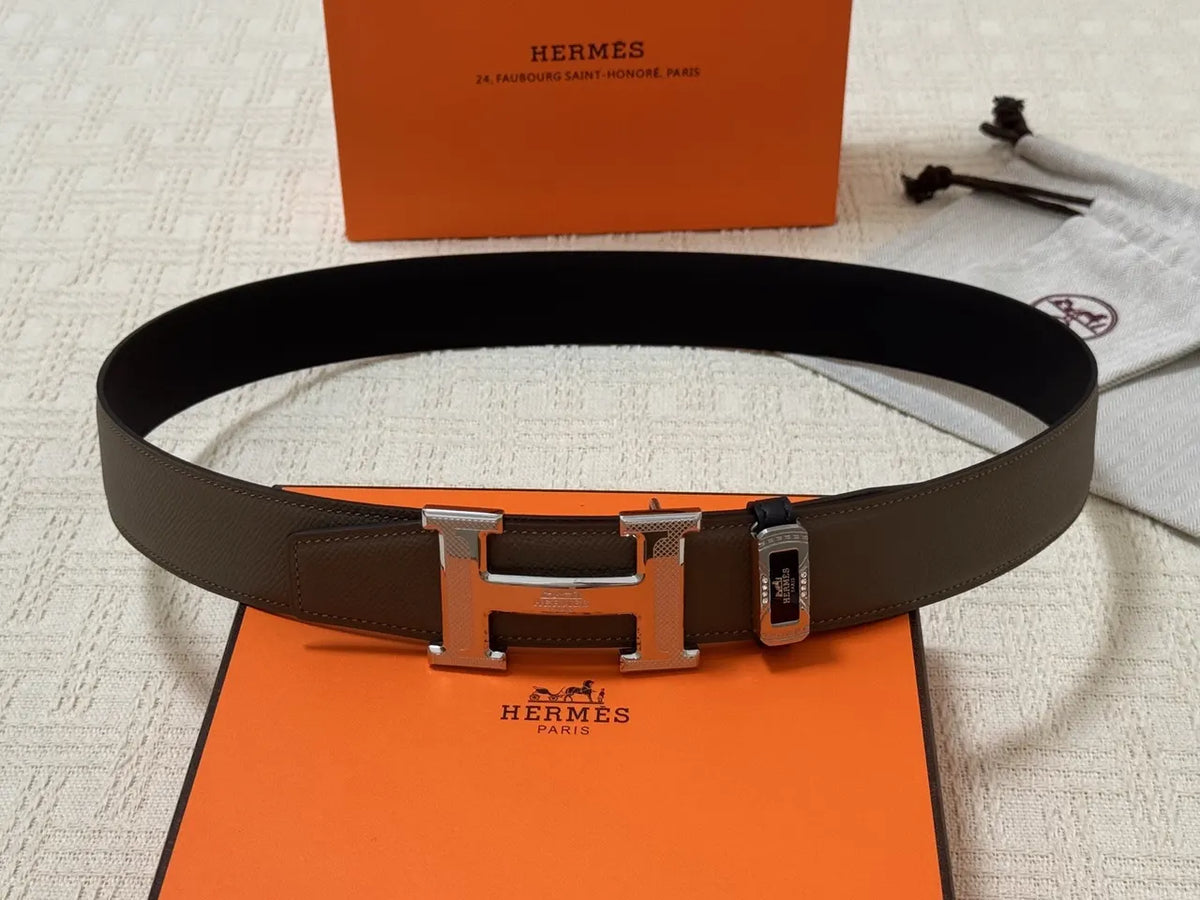 Hermes Taupe Silver H Belt - Hình 5