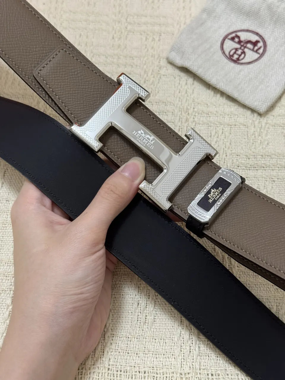 Hermes Taupe Silver H Belt - Hình 7