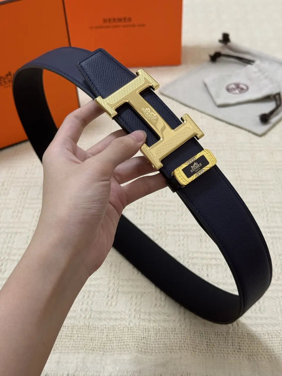 gold Hermes Navy Blue Leather Belt