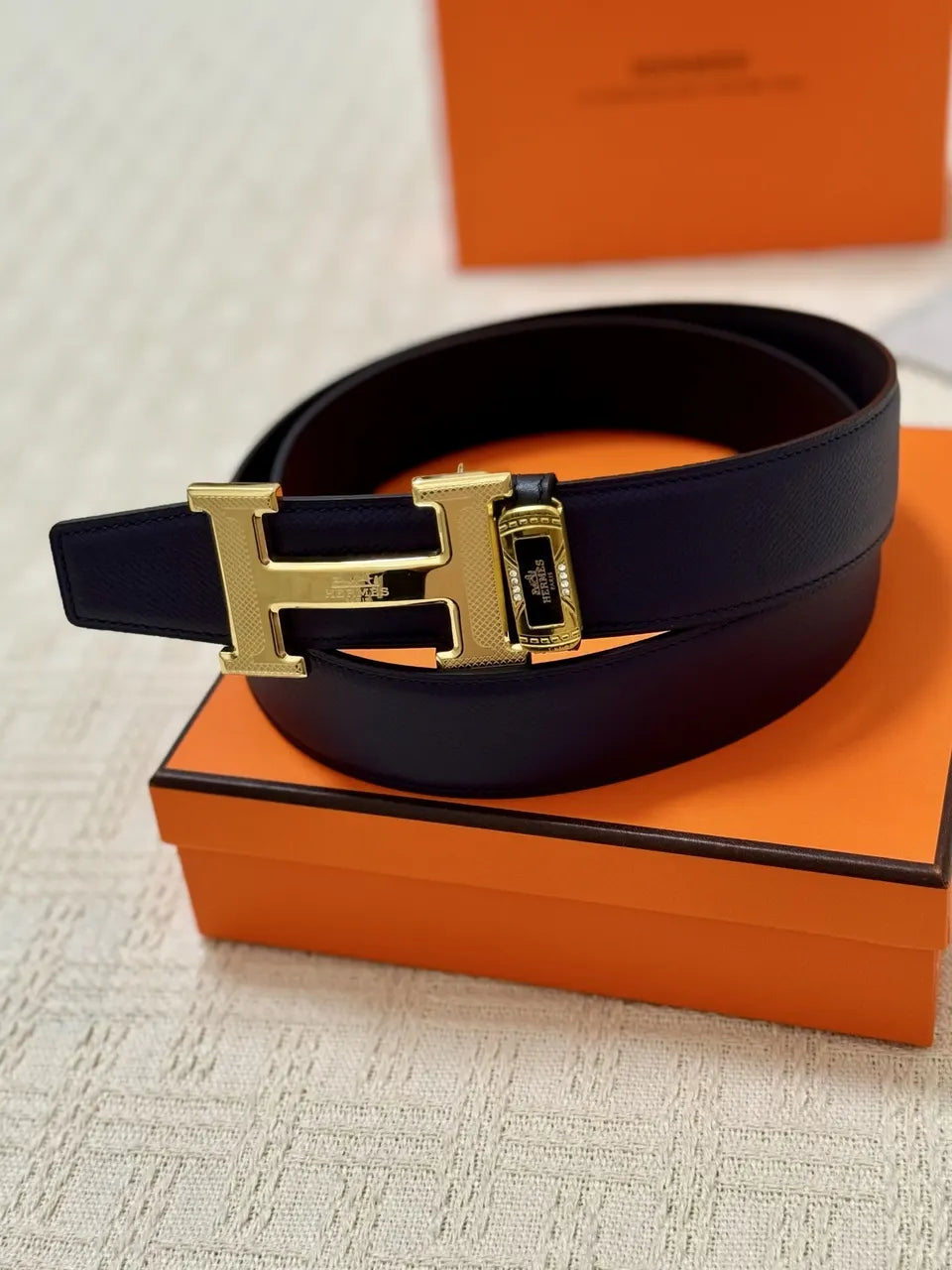 gold Hermes Navy Blue Leather Belt - Hình 2