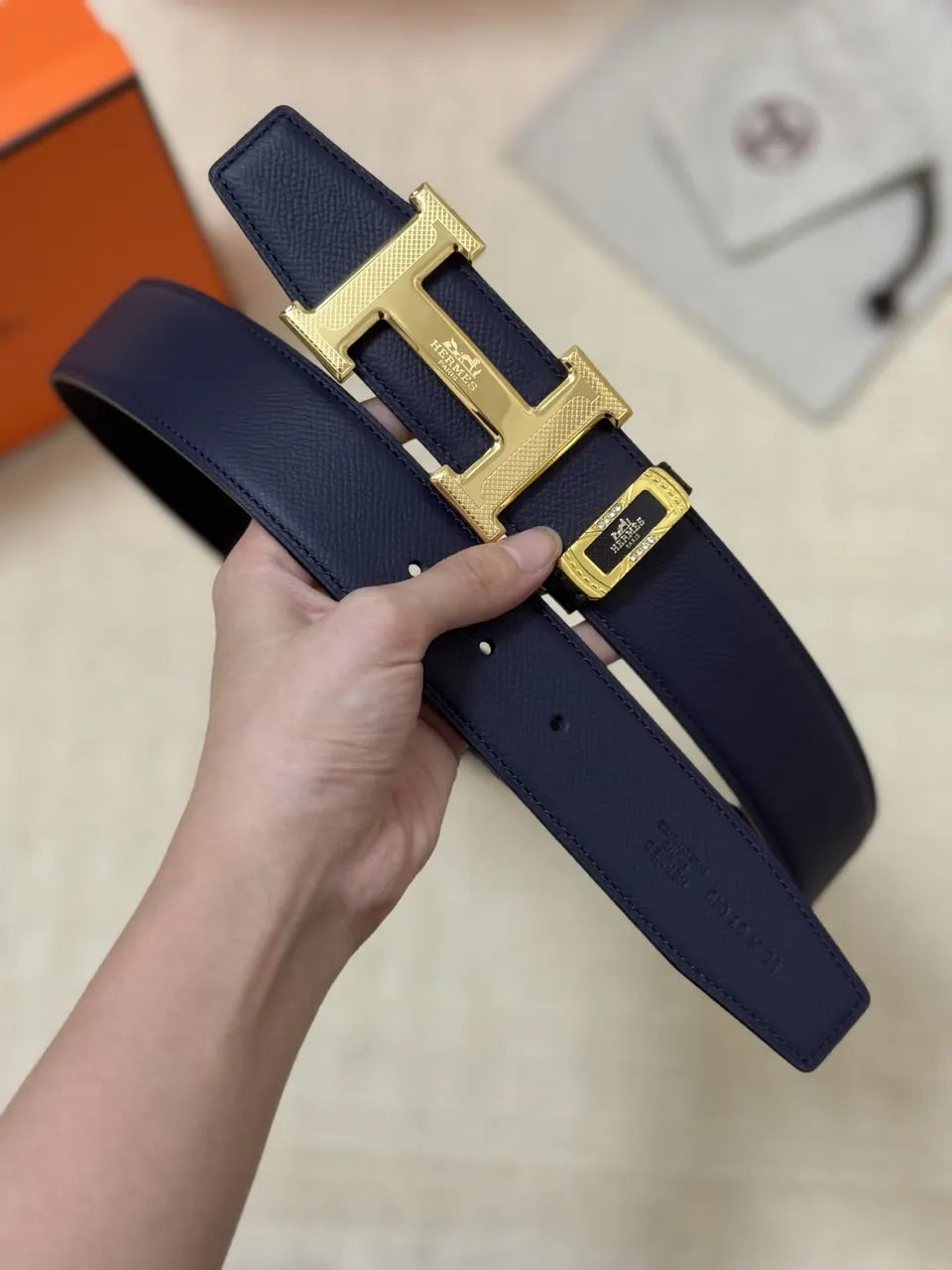 gold Hermes Navy Blue Leather Belt - Hình 3