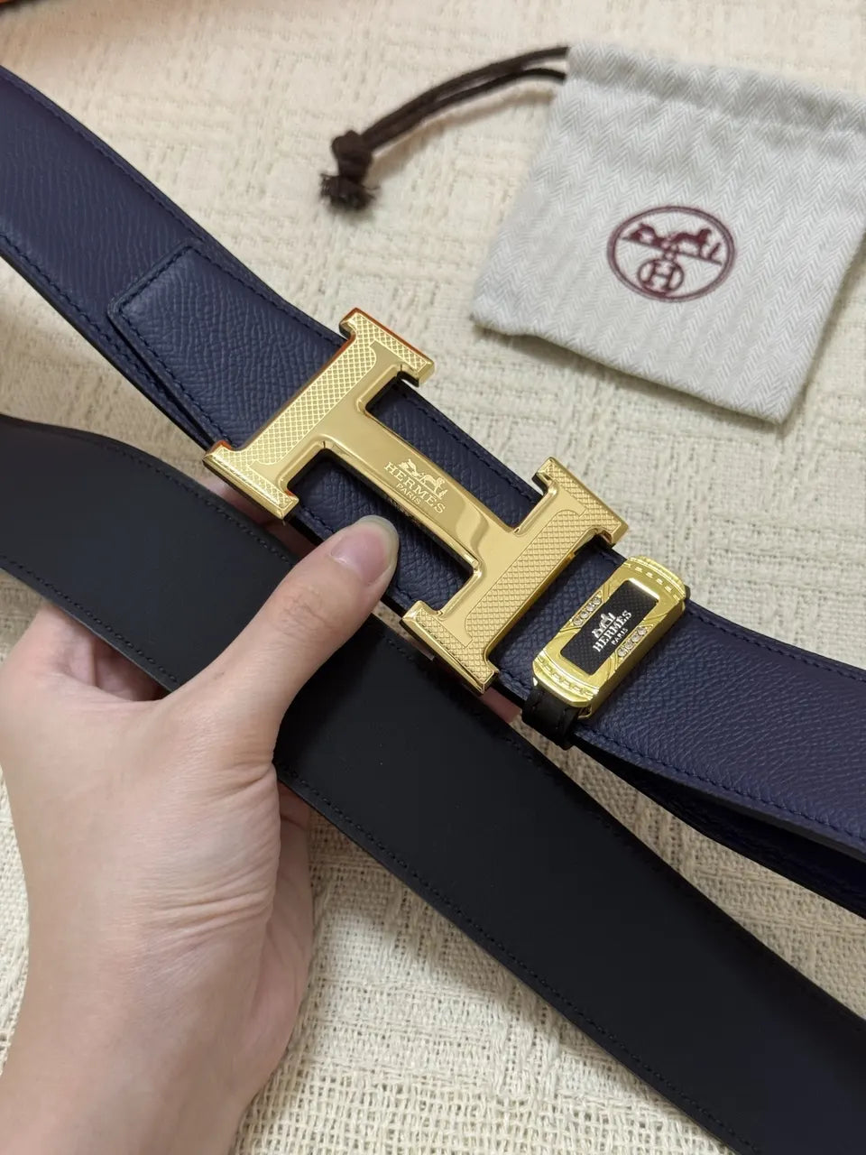 gold Hermes Navy Blue Leather Belt - Hình 4