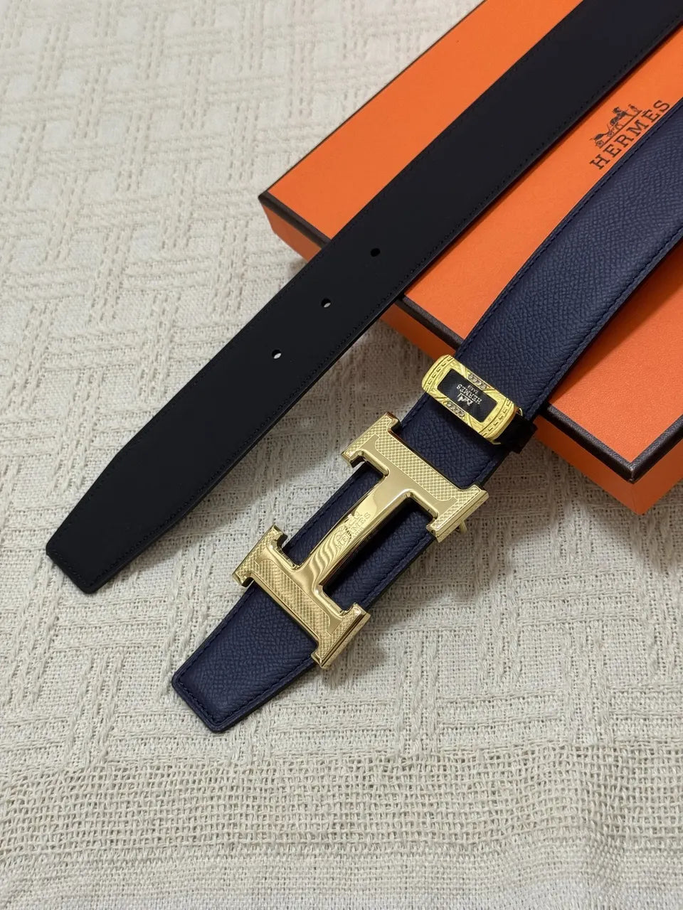 gold Hermes Navy Blue Leather Belt - Hình 5