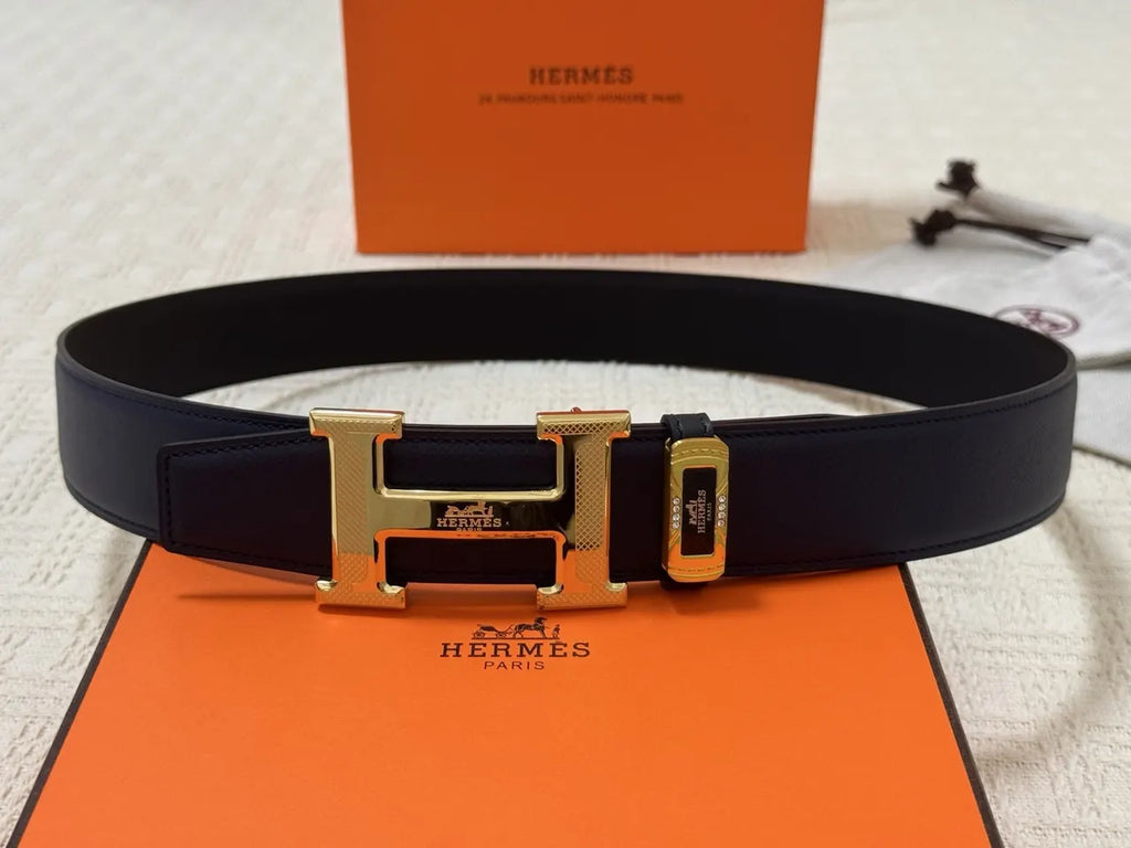 gold Hermes Navy Blue Leather Belt - Hình 6