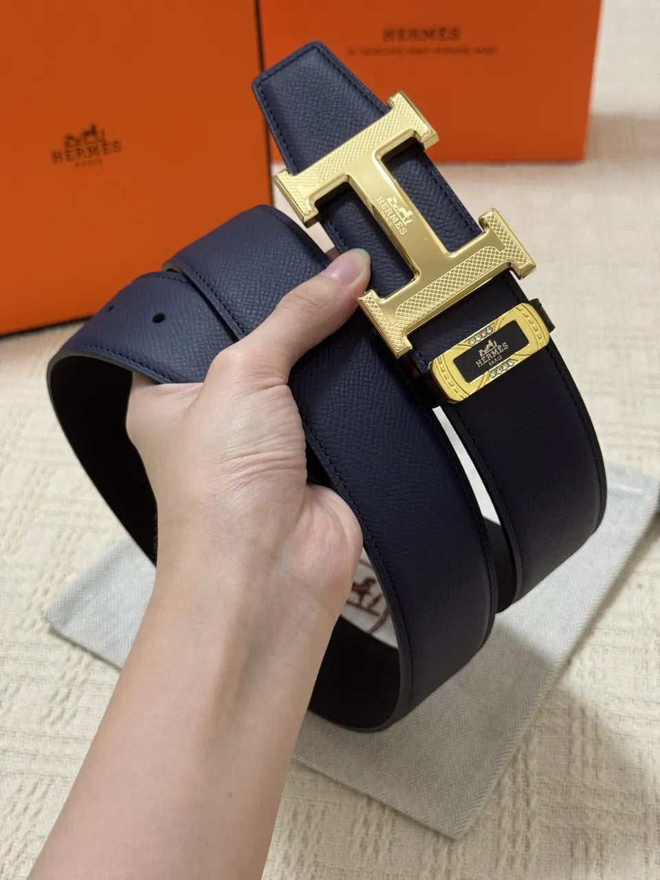 gold Hermes Navy Blue Leather Belt - Hình 7