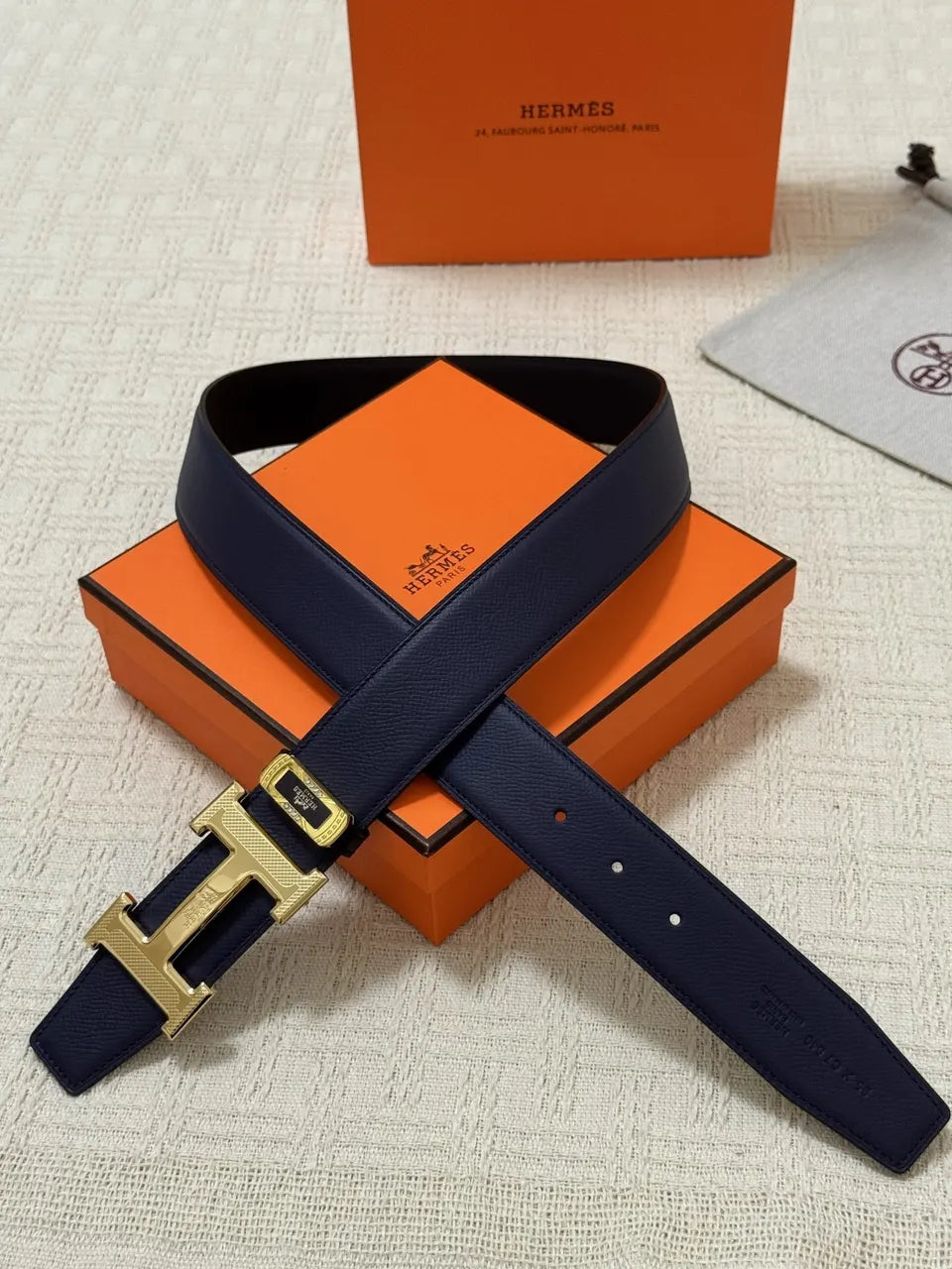 gold Hermes Navy Blue Leather Belt - Hình 8