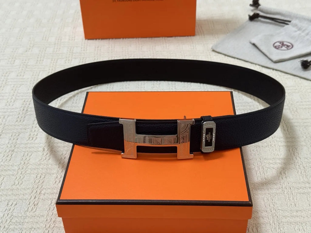 silver Hermes Black Pebbled Leather Belt - Hình 6