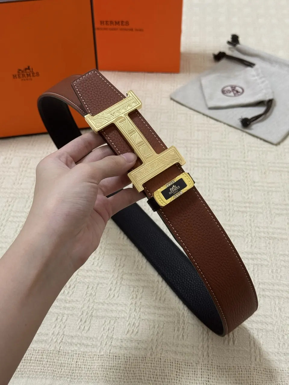 Hermes Brown Leather Gold H Buckle Belt