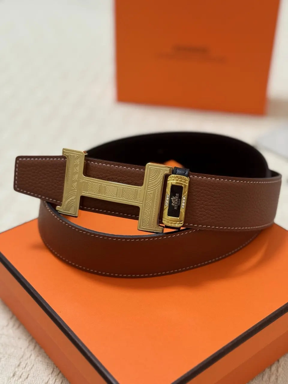 Hermes Brown Leather Gold H Buckle Belt - Hình 2