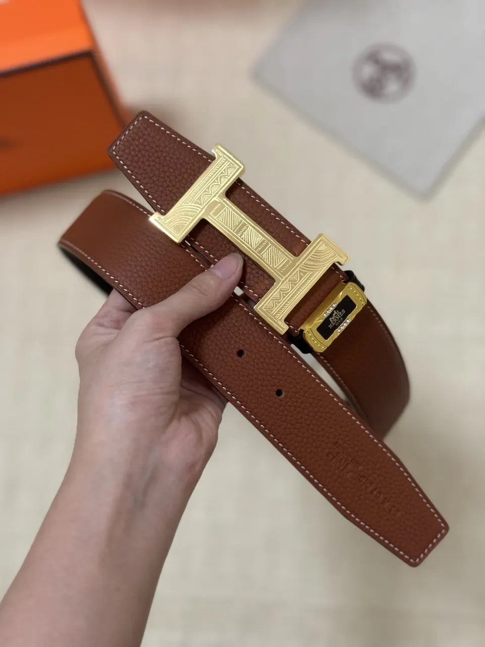 Hermes Brown Leather Gold H Buckle Belt - Hình 3