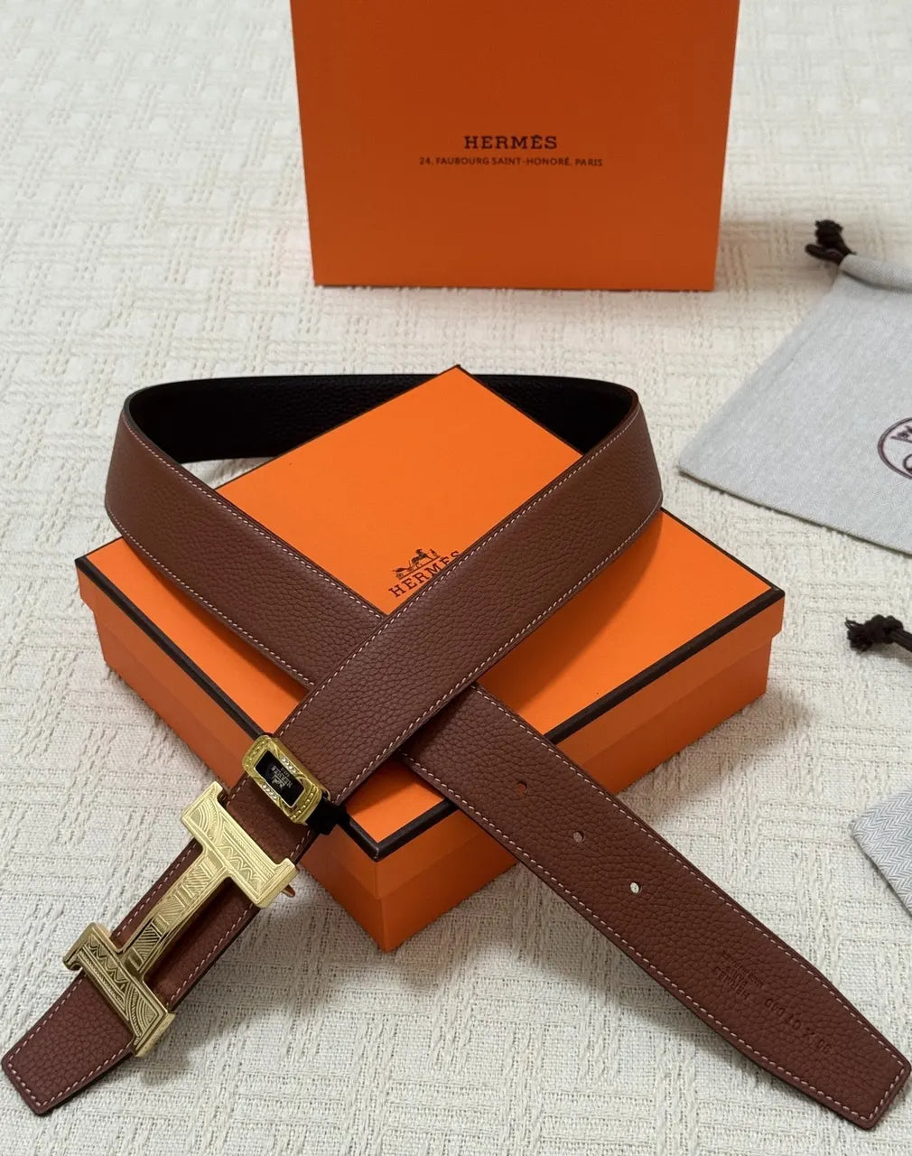 Hermes Brown Leather Gold H Buckle Belt - Hình 4
