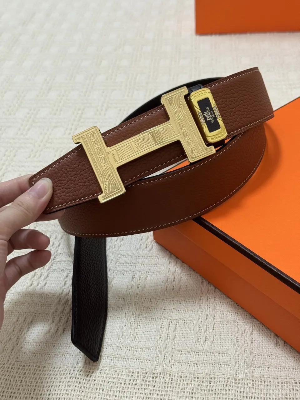 Hermes Brown Leather Gold H Buckle Belt - Hình 5