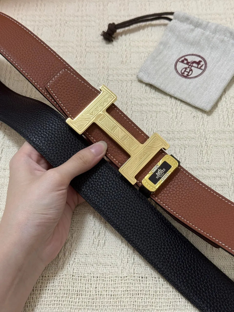 Hermes Brown Leather Gold H Buckle Belt - Hình 6