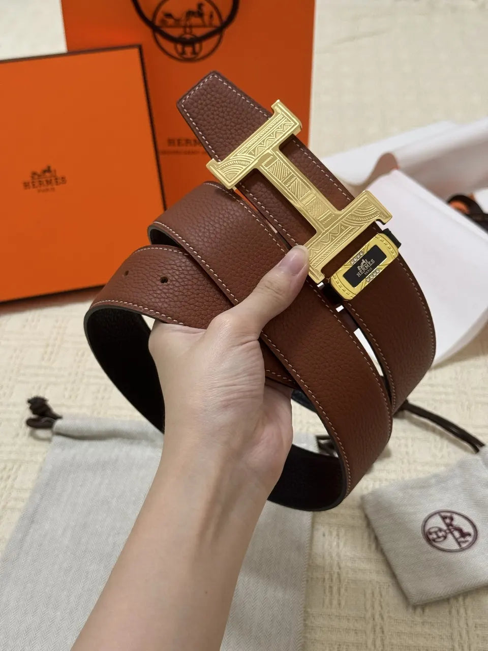 Hermes Brown Leather Gold H Buckle Belt - Hình 7