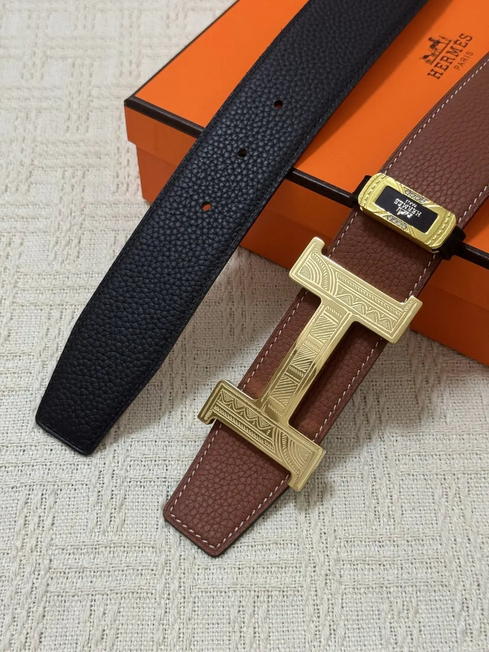 Hermes Brown Leather Gold H Buckle Belt - Hình 8
