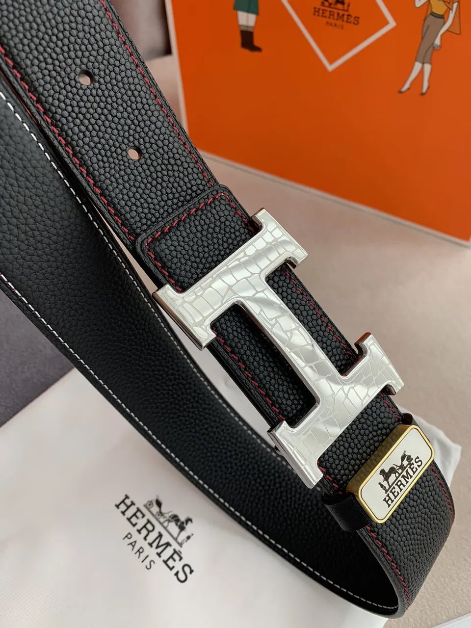 Hermes Black Textured Leather Belt - Hình 4