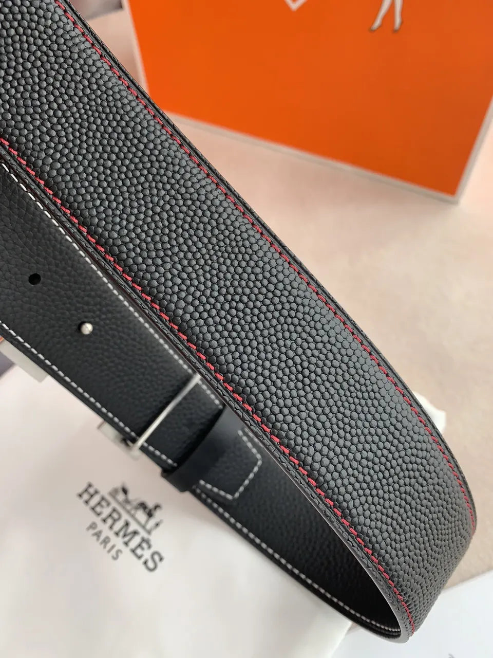 Hermes Black Textured Leather Belt - Hình 5