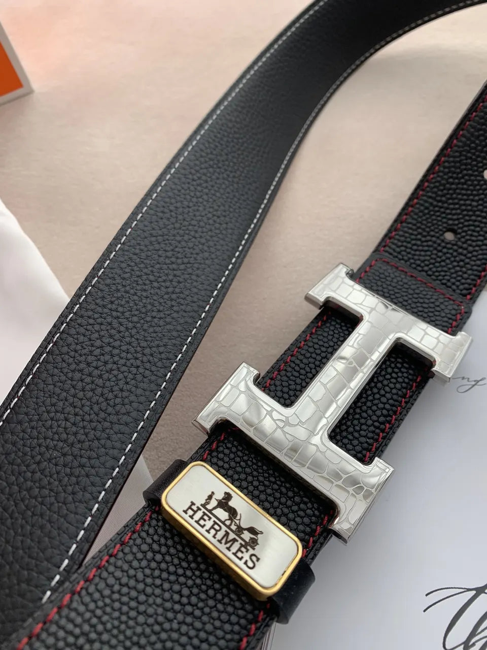 Hermes Black Textured Leather Belt - Hình 6