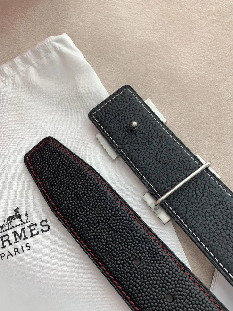 Hermes Black Textured Leather Belt - Hình 7