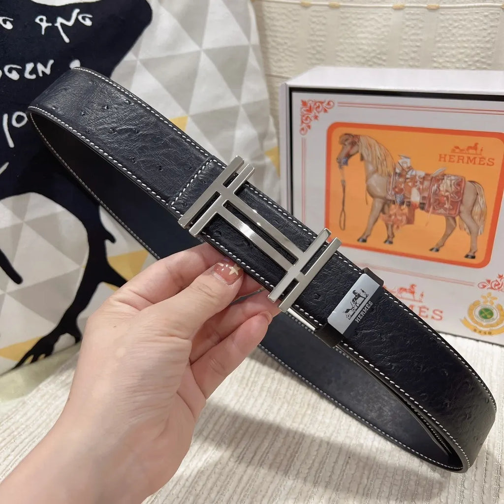 gold Hermes Black Ostrich Leather Belt - Hình 3