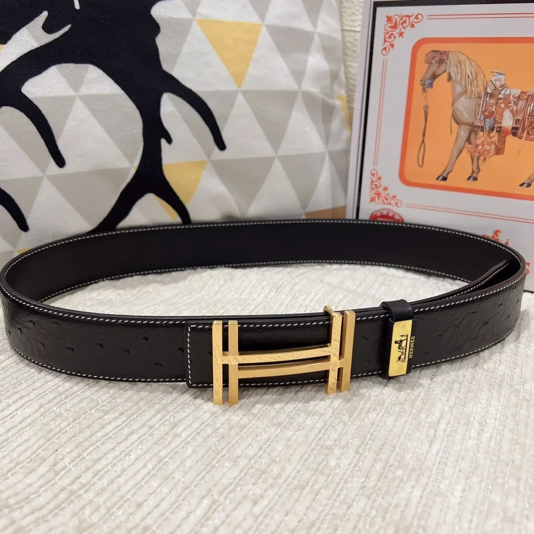 gold Hermes Black Ostrich Leather Belt - Hình 4