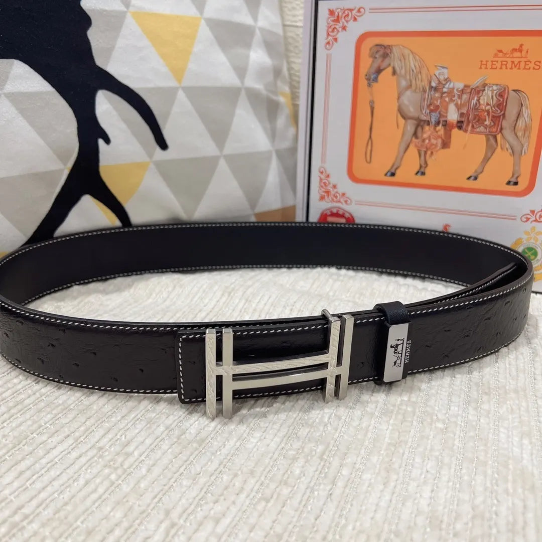 gold Hermes Black Ostrich Leather Belt - Hình 5