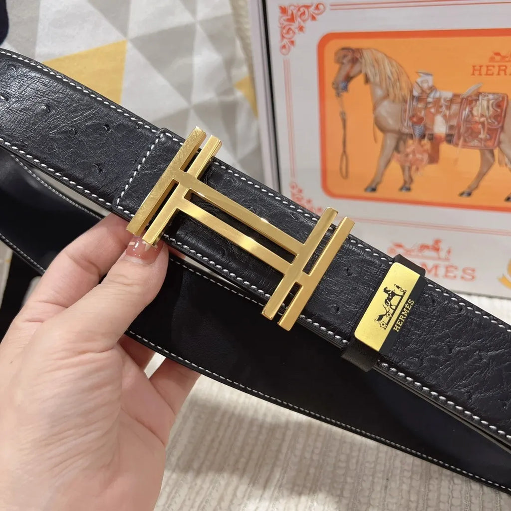 gold Hermes Black Ostrich Leather Belt - Hình 6