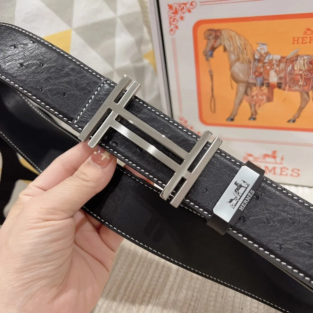 gold Hermes Black Ostrich Leather Belt - Hình 7