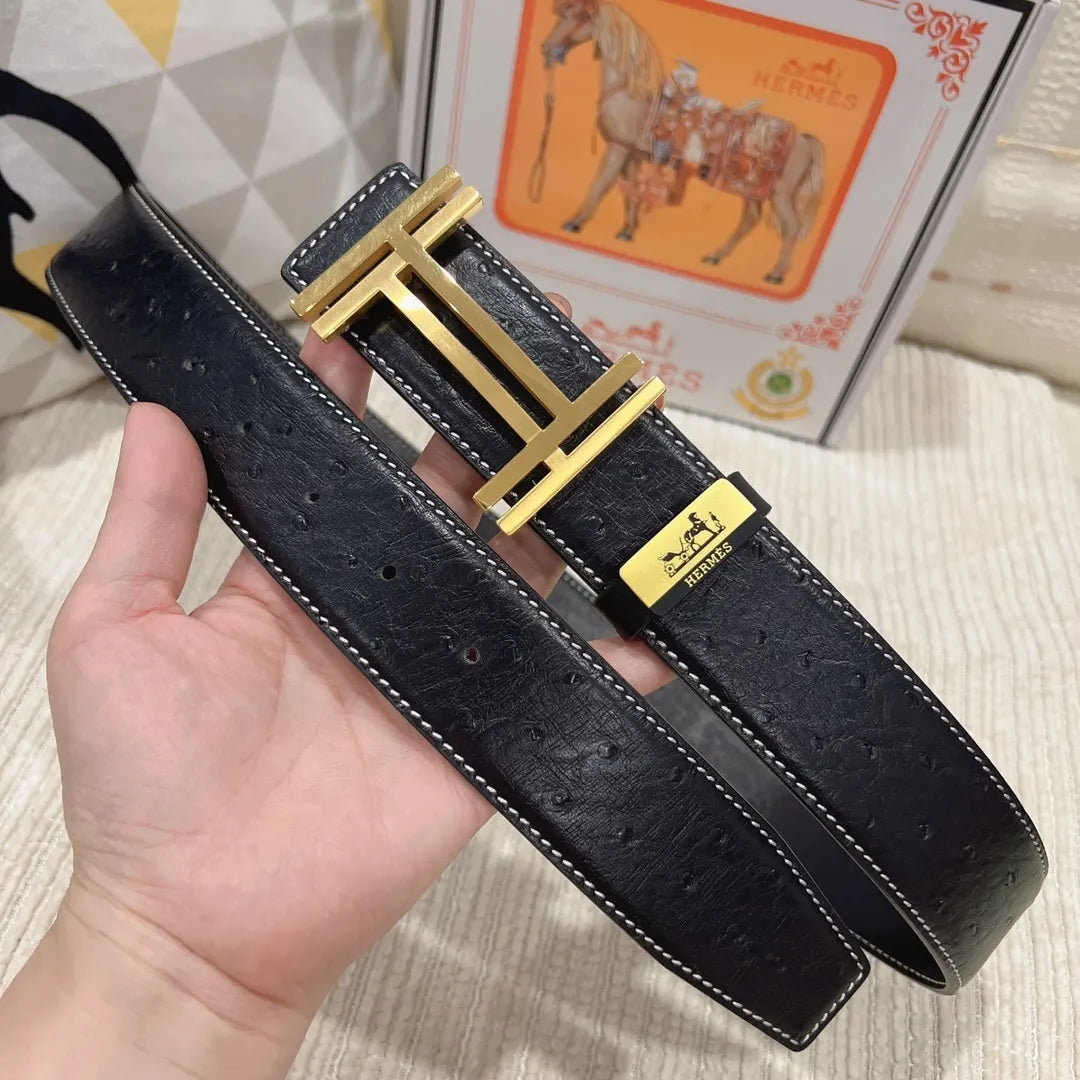 gold Hermes Black Ostrich Leather Belt - Hình 8