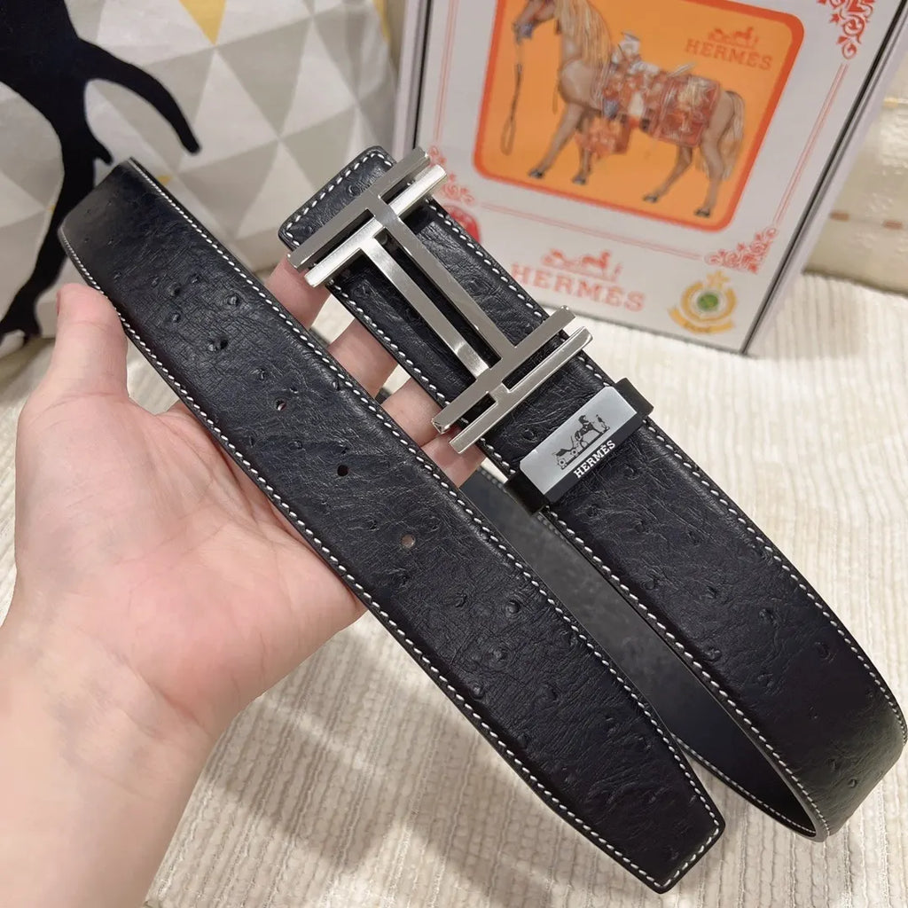 gold Hermes Black Ostrich Leather Belt - Hình 9