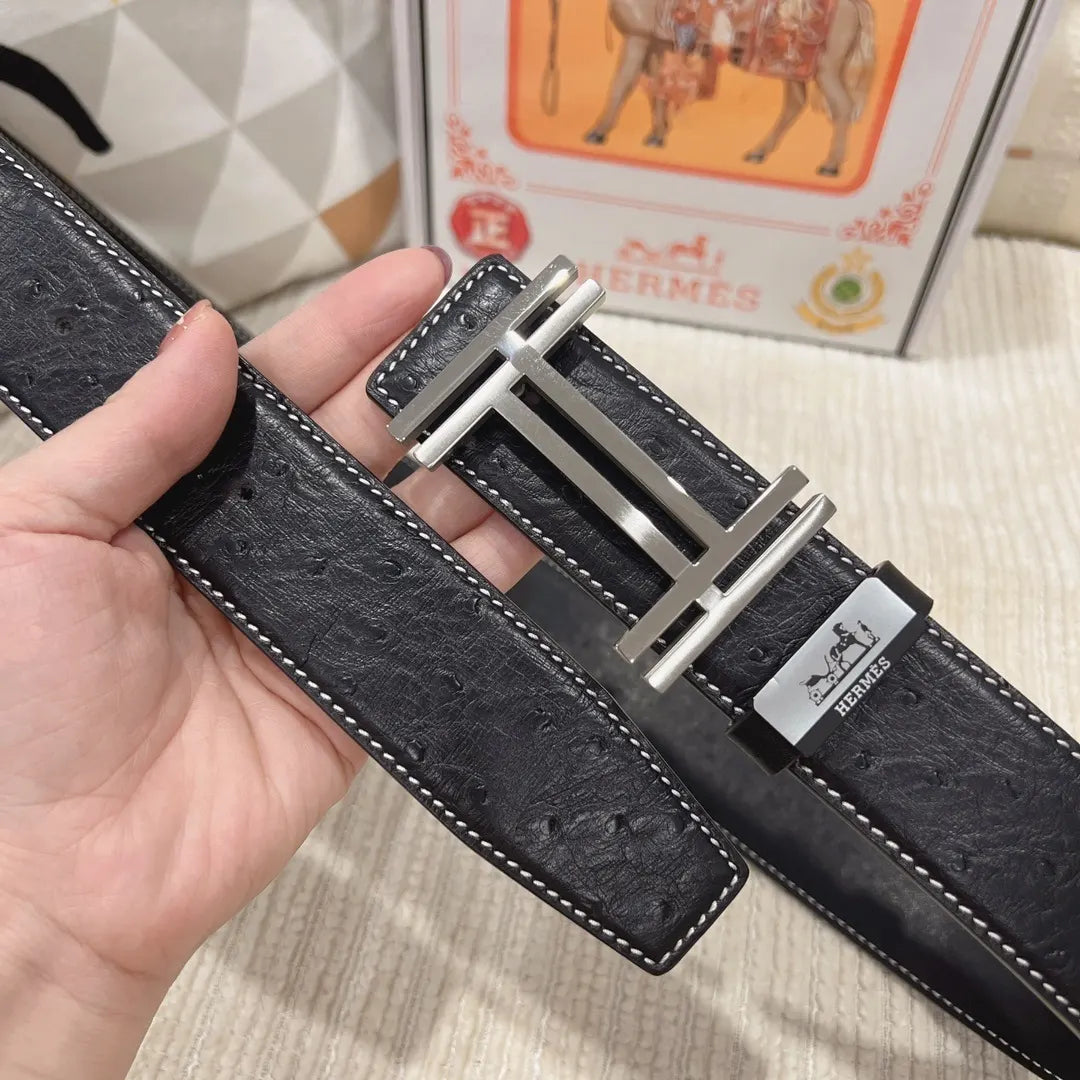 Hermes Black Ostrich Leather Belt - Hình 6
