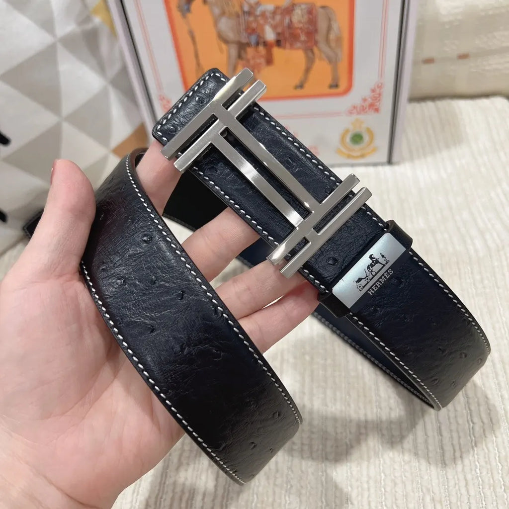 Hermes Black Ostrich Leather Belt - Hình 7