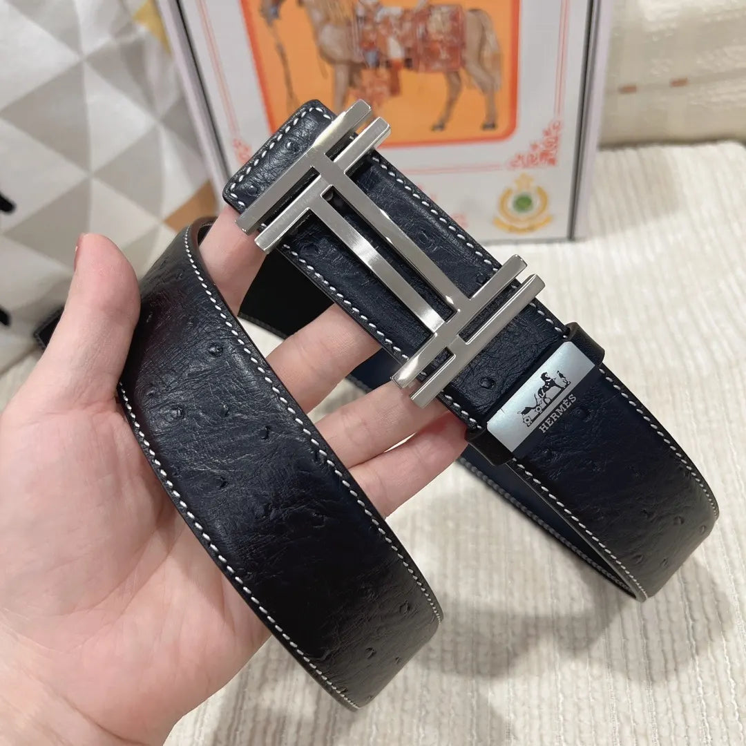 Hermes Black Ostrich Leather Belt - Hình 7