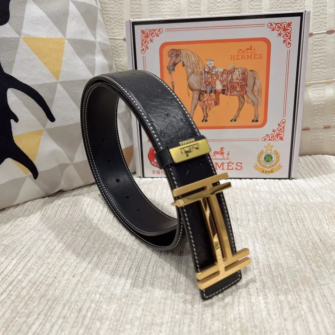 gold Hermes Black Ostrich Leather Belt