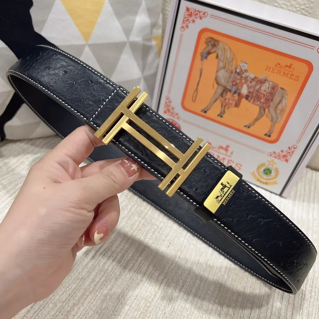 gold Hermes Black Ostrich Leather Belt - Hình 3