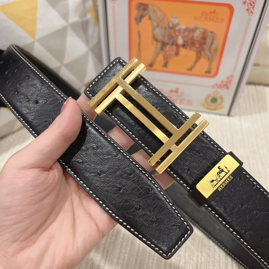 gold Hermes Black Ostrich Leather Belt - Hình 6