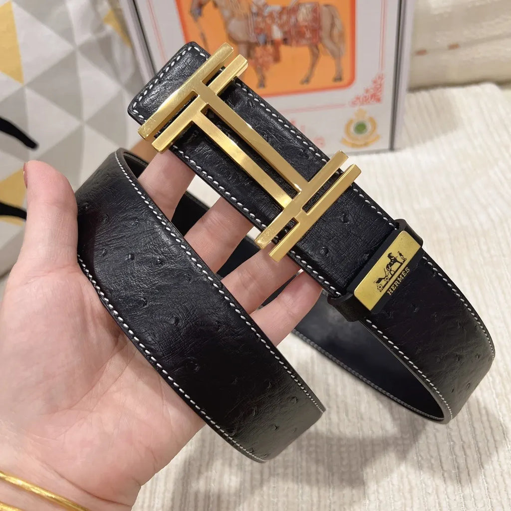 gold Hermes Black Ostrich Leather Belt - Hình 7