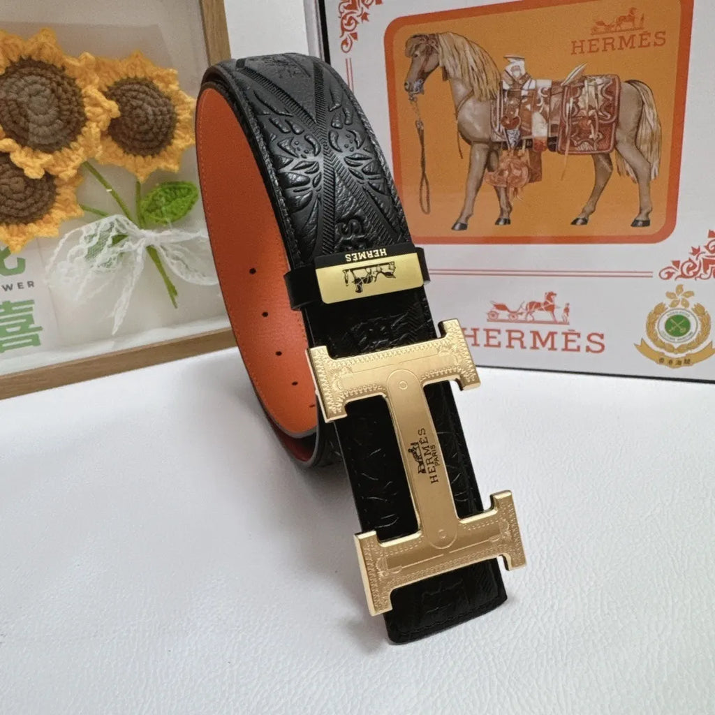 reversible Hermes Black Embossed Leather Belt