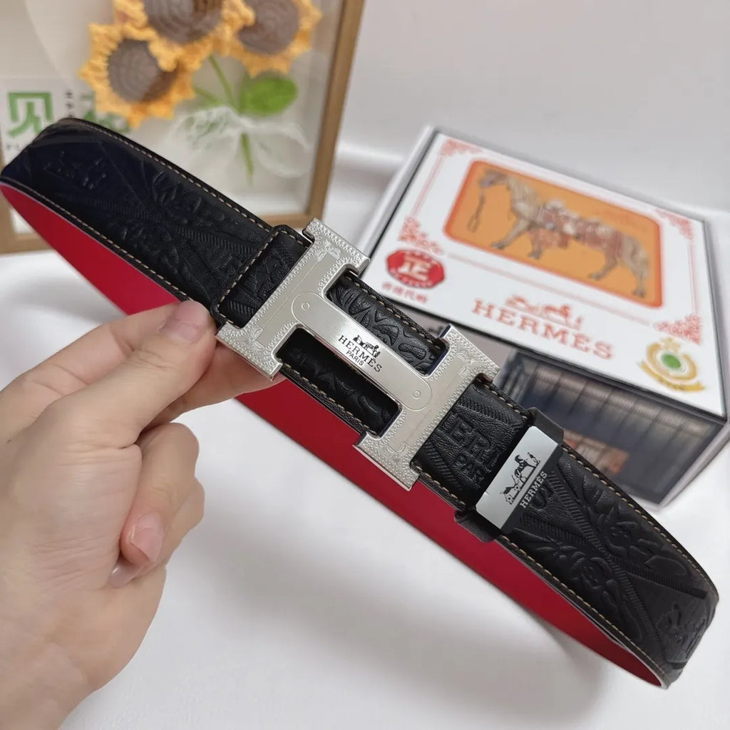 reversible Hermes Black Embossed Leather Belt - Hình 2