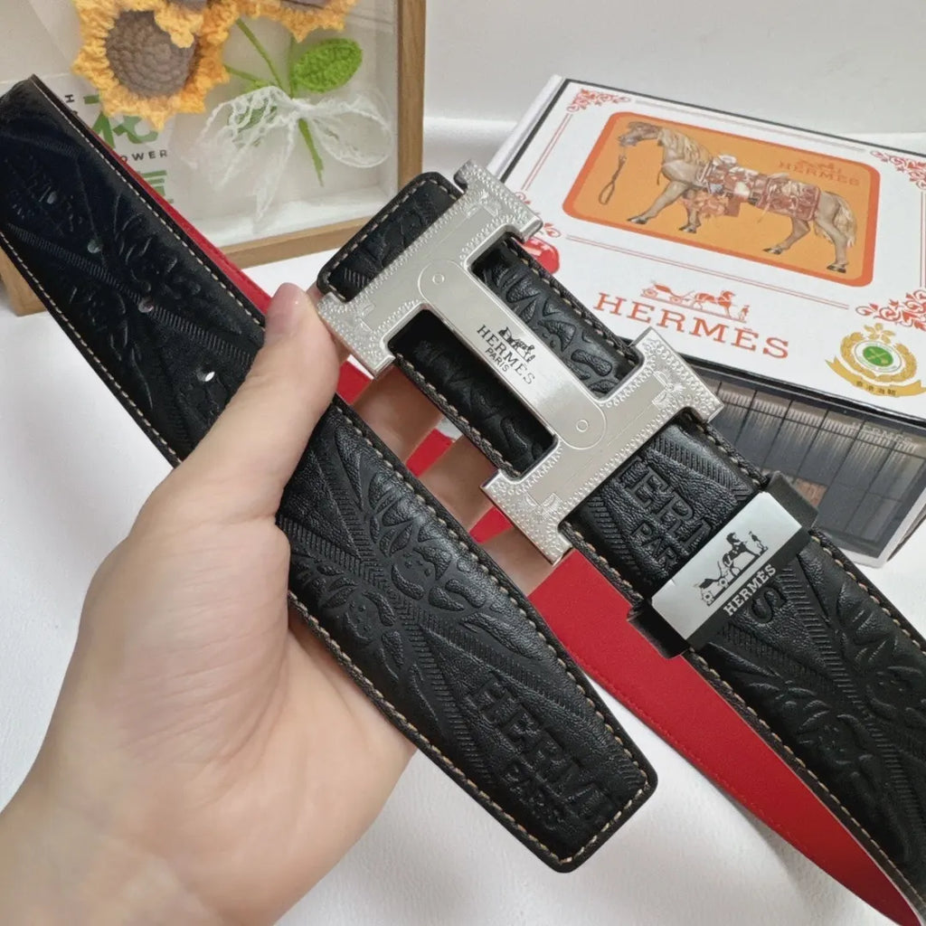 reversible Hermes Black Embossed Leather Belt - Hình 3