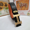 Hermes Black Embossed Leather Belt gold