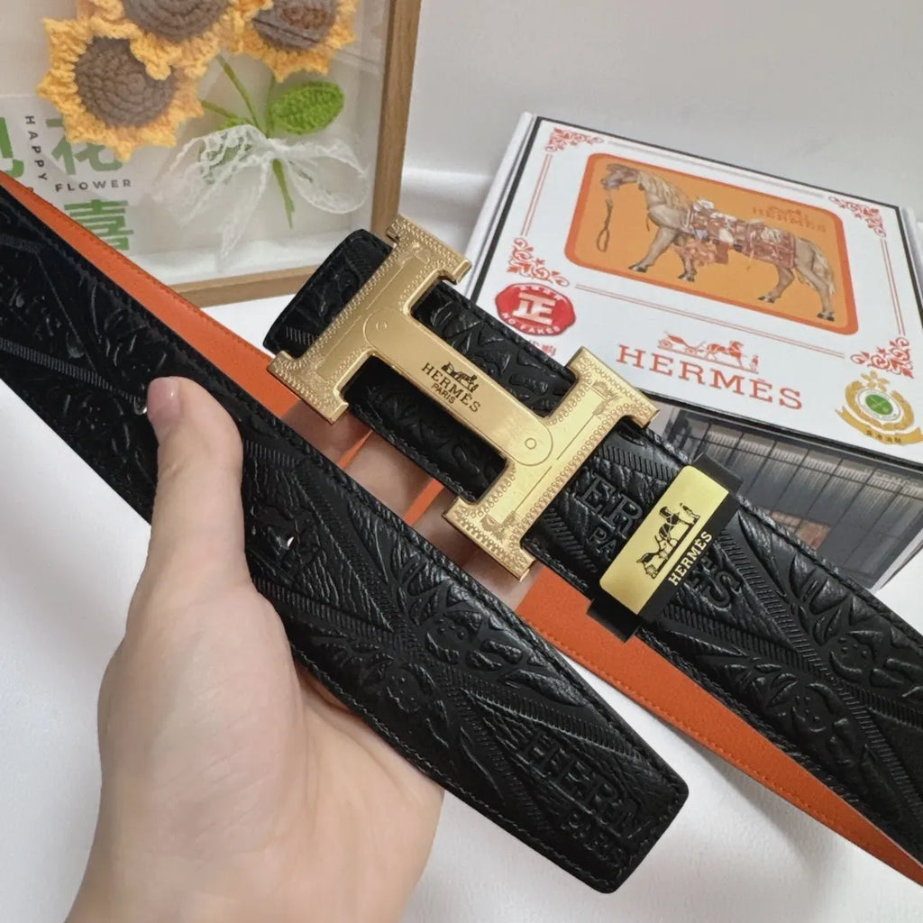 Hermes Black Embossed Leather Belt gold - Hình 2