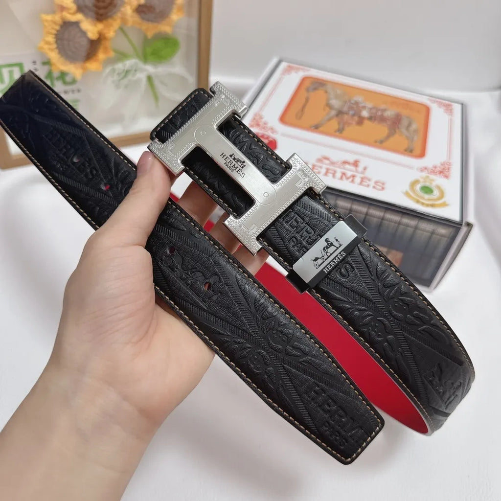 Hermes Embossed Leather Belt black