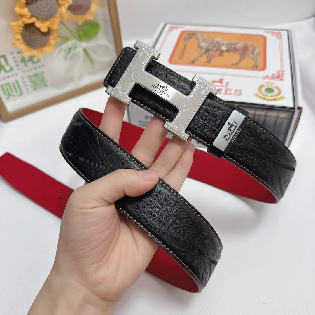Hermes Embossed Leather Belt black - Hình 3