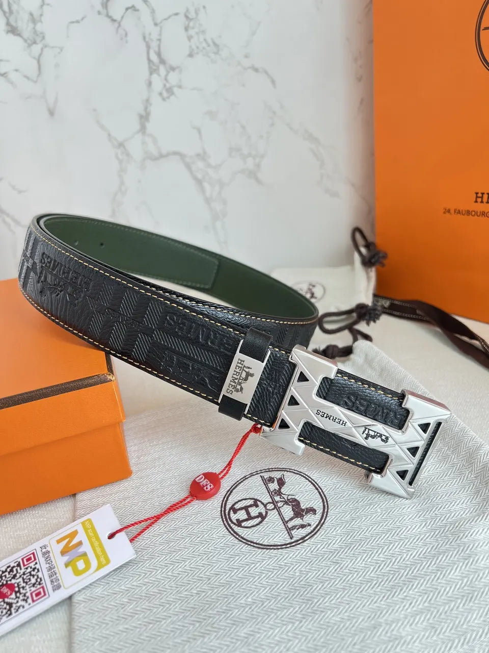 Hermes Embossed Leather Belt Silver