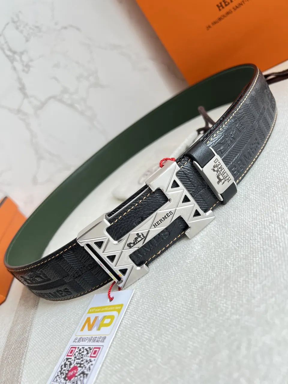 Hermes Embossed Leather Belt Silver - Hình 2