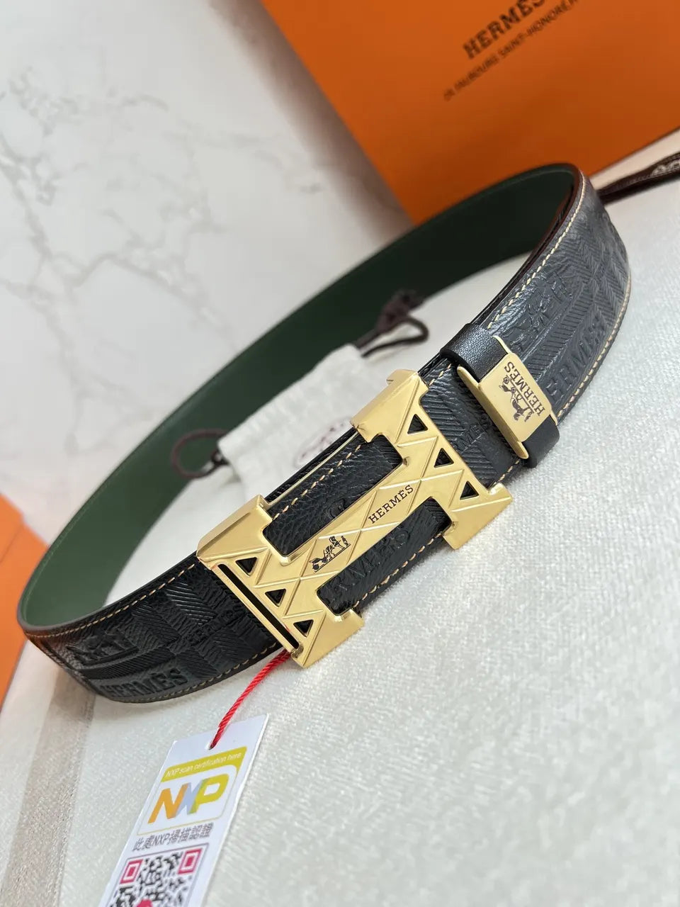 Hermes Black Checkered Leather Belt - Hình 2