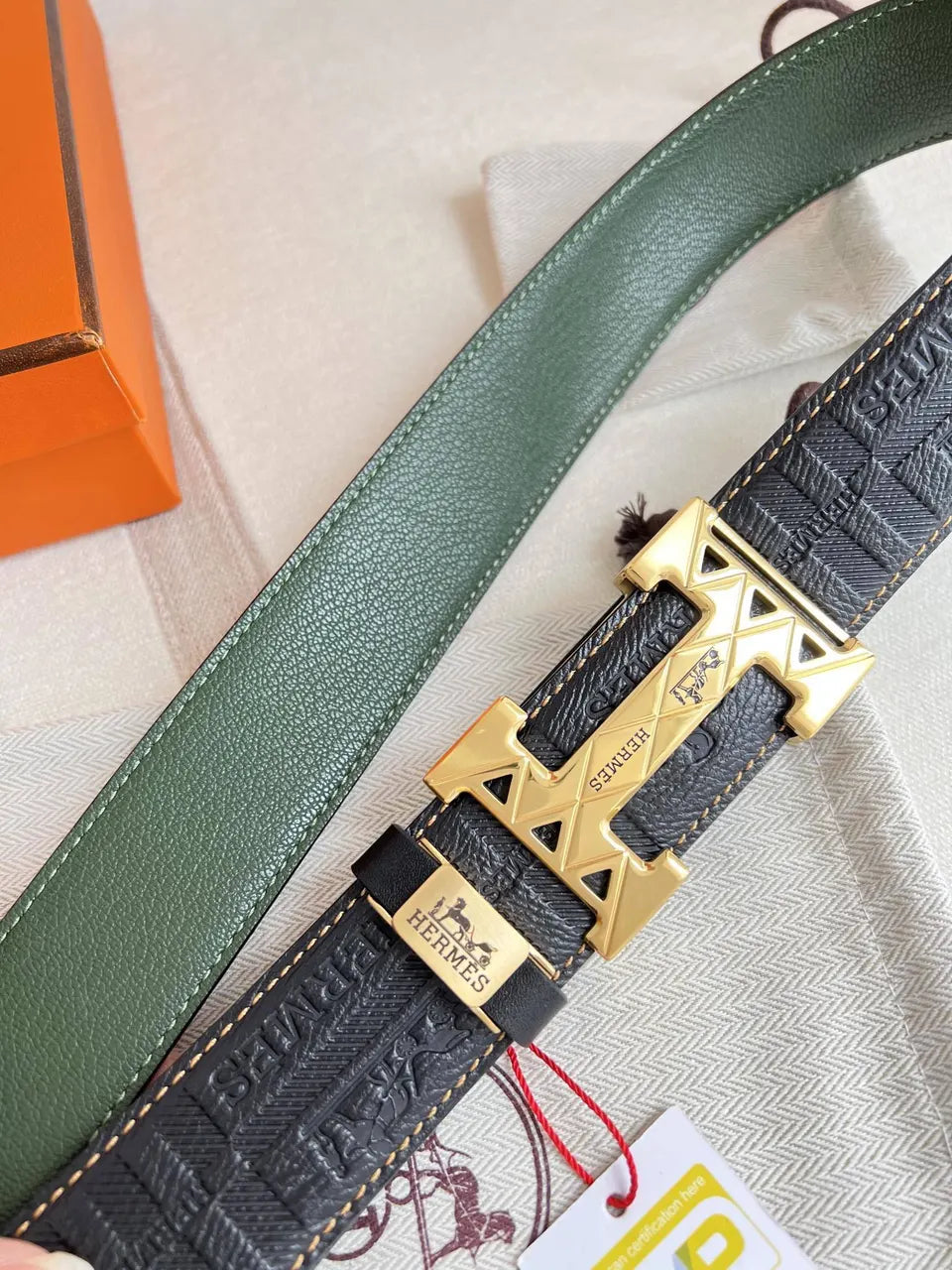 Hermes Black Checkered Leather Belt - Hình 3