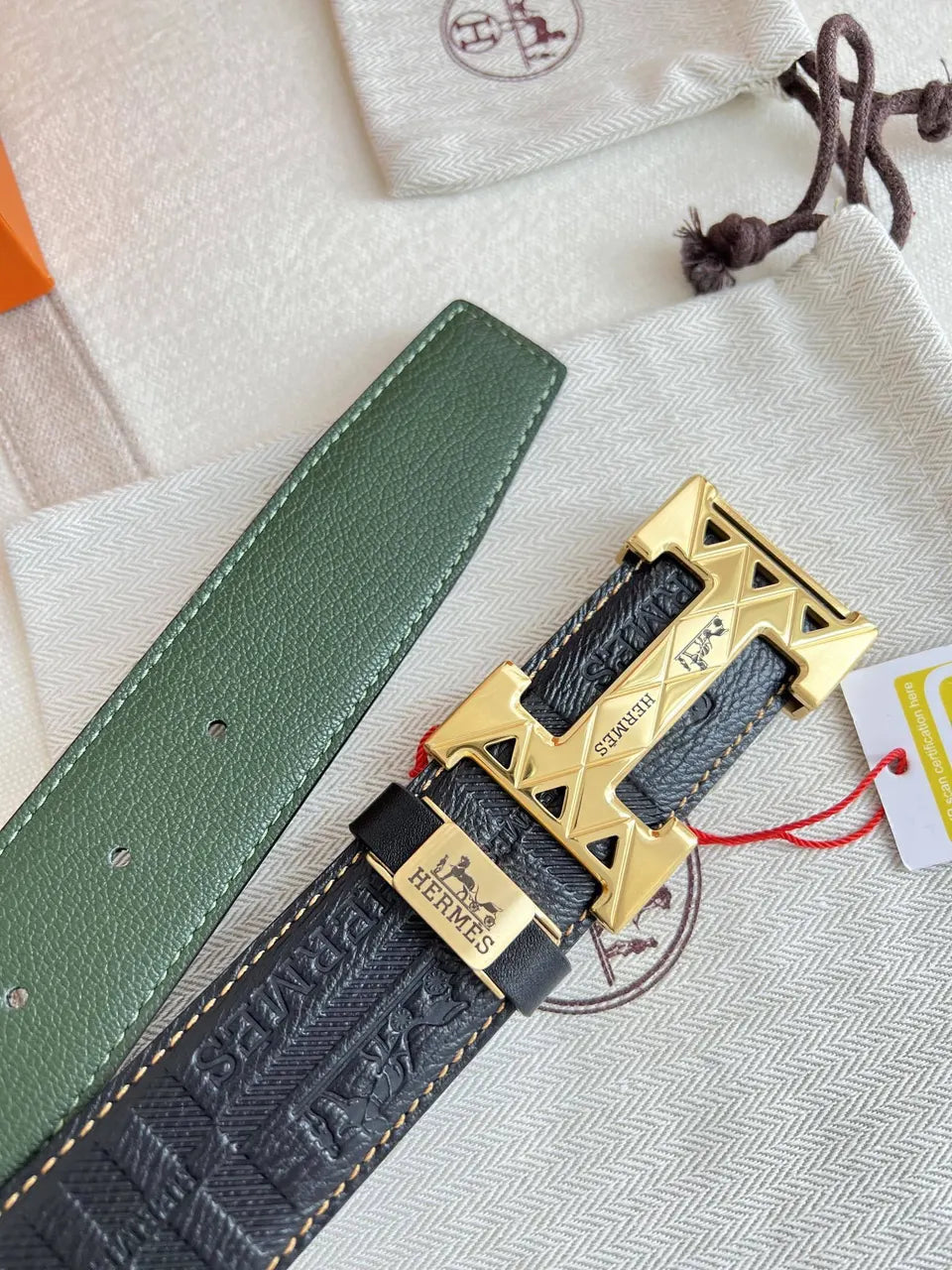 Hermes Black Checkered Leather Belt - Hình 4
